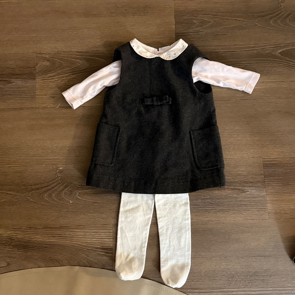 Jacadi baby girl grey wool dress and embellished collared bodysuit outfit set 6m